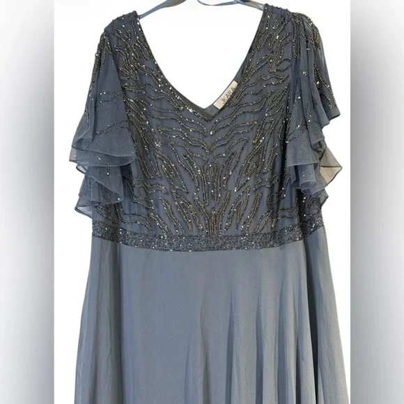 J Kara Dusty Blue Beaded Flutter Sleeve Maxi Gown – Elegant Formal Evening Dress - Picture 3 of 9